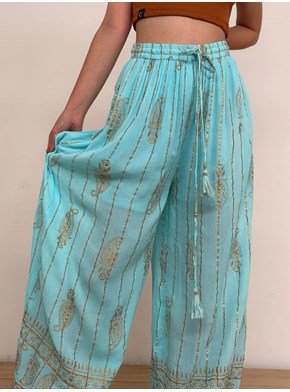 Calça Pantalona Indiana - Azul - Linhas Douradas