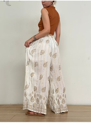 Calça Pantalona Indiana - Branca - Linhas Douradas