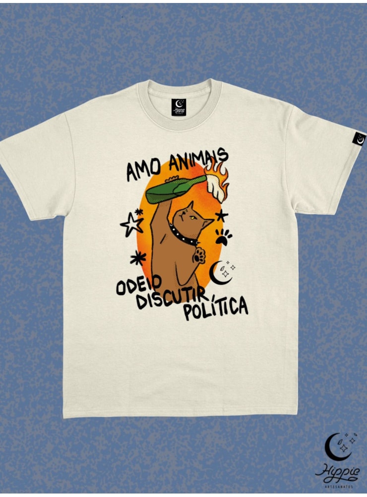 Camiseta Amo animais, Odeio discutir política - Off-White — imagem 1