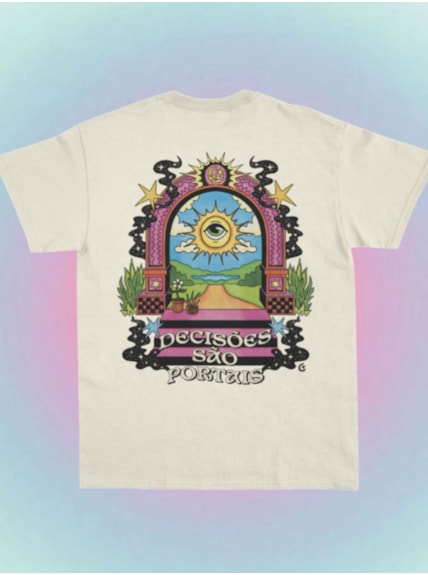 Camiseta Decisões são Portais - Off-White- Frente e Verso