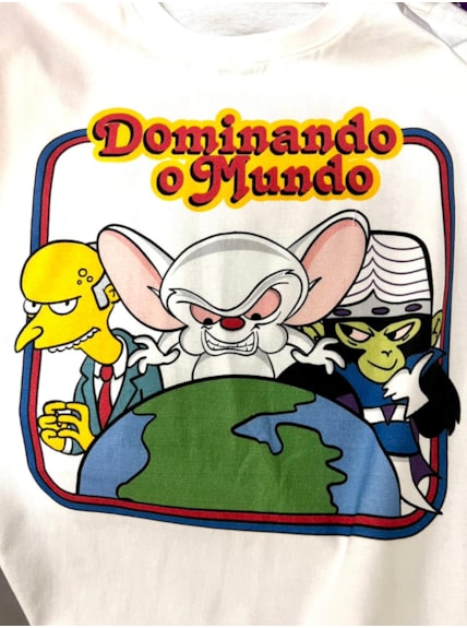 Camiseta Dominar o Mundo - Cérebro, Macaco Louco e Burns - Off-White