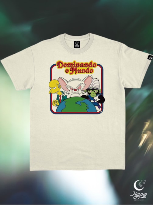 Camiseta Dominar o Mundo - Cérebro, Macaco Louco e Burns - Off-White