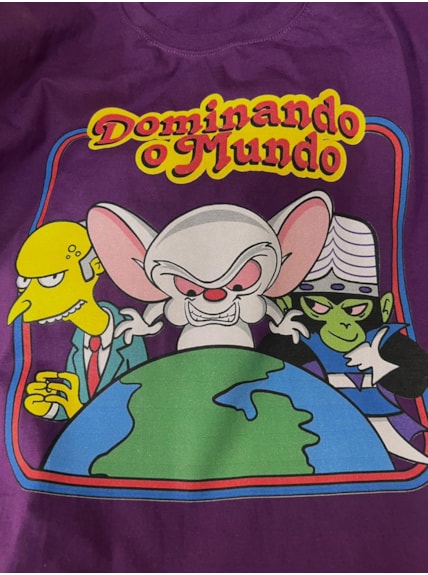Camiseta Dominar o Mundo - Cérebro, Macaco Louco e Burns - Roxa