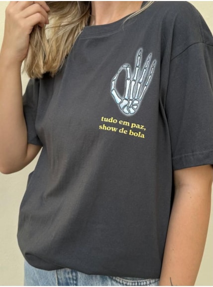Camiseta Esqueleto Psicodélico - Chumbo - Frente e Verso
