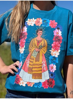 Camiseta Frida e Flores - Azul