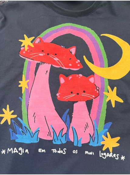 Camiseta Gatinho Cogumelo Mini Lugares - Chumbo