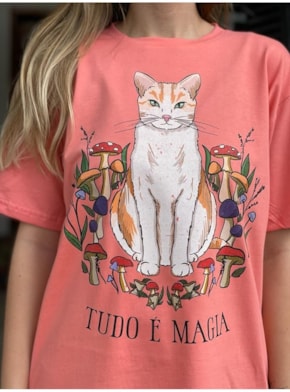Camiseta Gatinho e Cogumelo - Coral