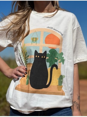 Camiseta Gato Boho - Off-White