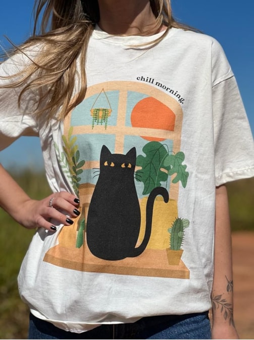 Camiseta Gato Boho - Off-White