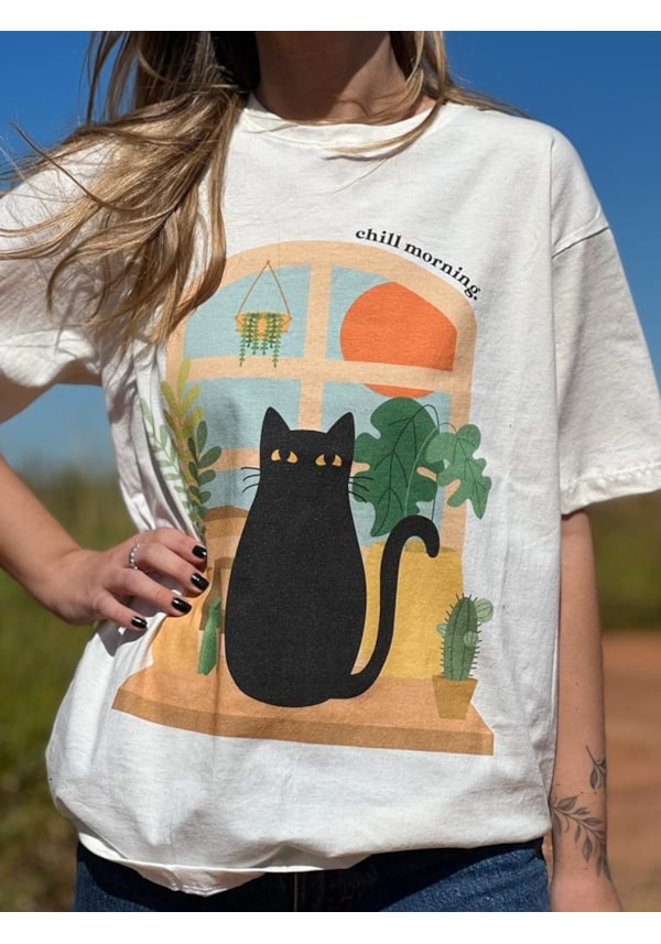 Camiseta Gato Boho - Off-White