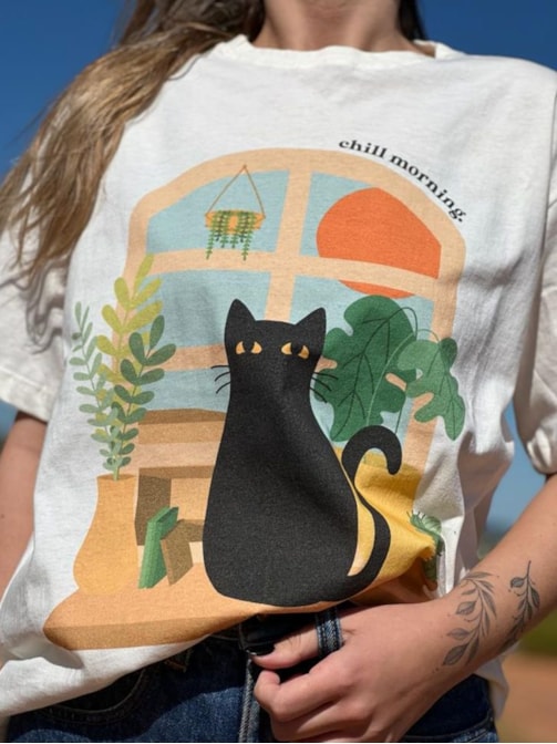 Camiseta Gato Boho - Off-White