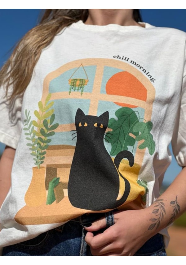 Camiseta Gato Boho - Off-White