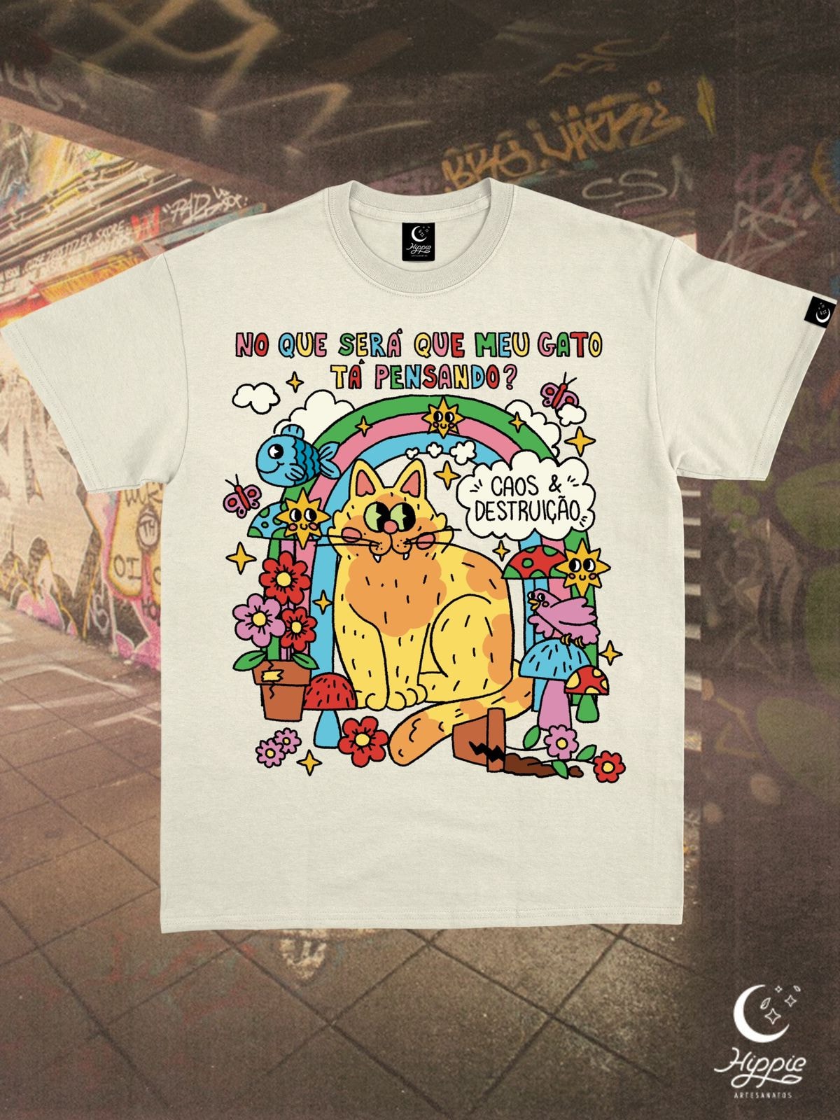 Camiseta Gato Caos e Destruição - Off-White — imagem 1