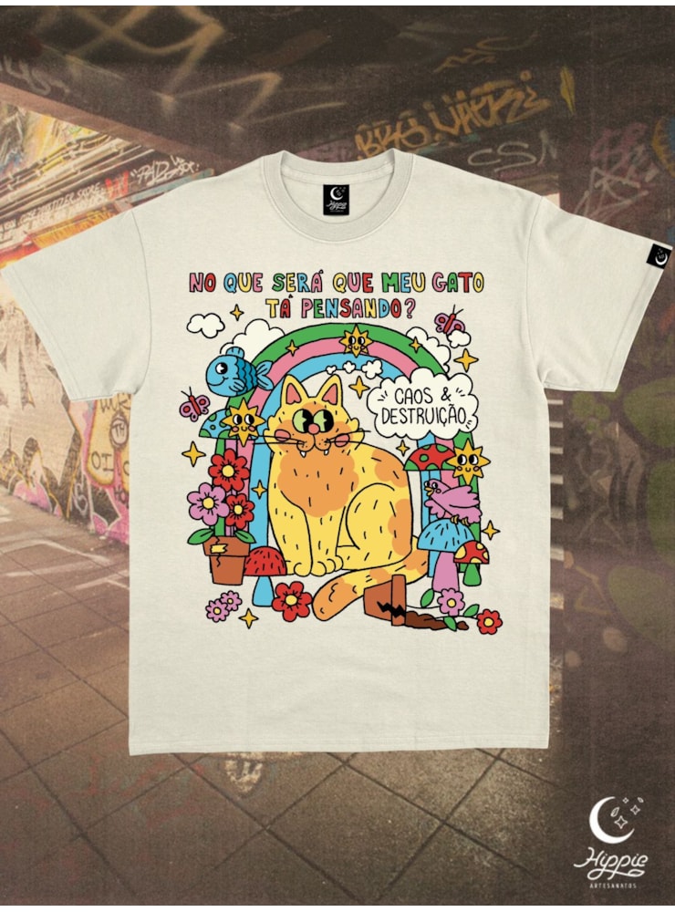 Camiseta Gato Caos e Destruição - Off-White — imagem 1