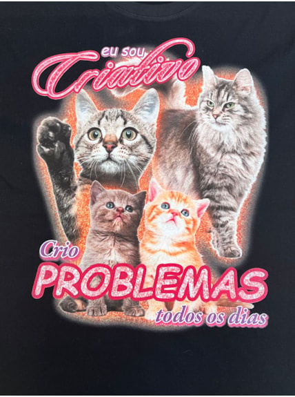 Camiseta Gato Criativo, Cria Problemas - Preta