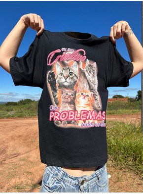 Camiseta Gato Criativo, Cria Problemas - Preta