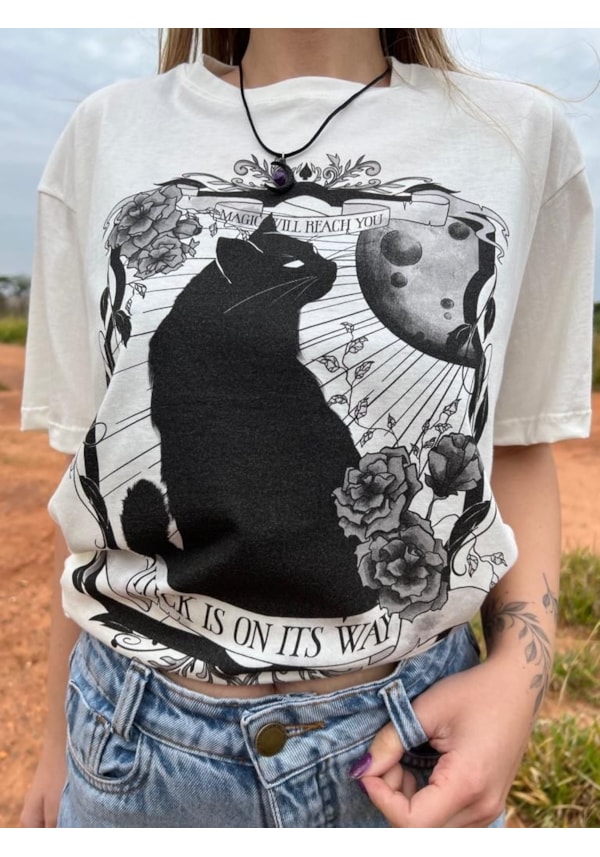 Camiseta Gato da Sorte - Off-White