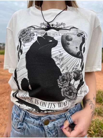 Camiseta Gato da Sorte - Off-White