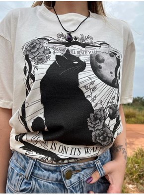 Camiseta Gato da Sorte - Off-White