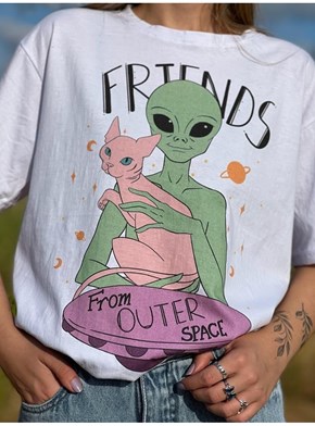 Camiseta Gato e Alien Good Vibes - Branca