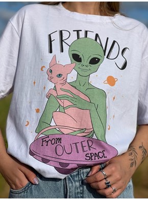Camiseta Gato e Alien Good Vibes - Branca
