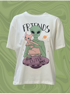 Camiseta Gato e Alien Good Vibes - Off-White
