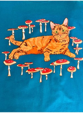 Camiseta Gato e Cogumelo - Azul
