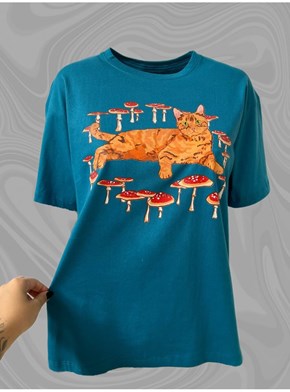 Camiseta Gato e Cogumelo - Azul