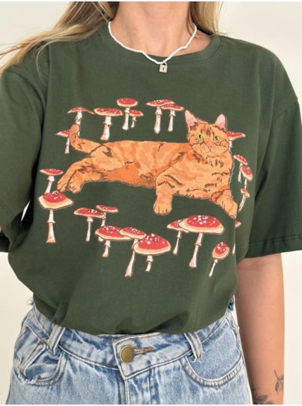 Camiseta Gato e Cogumelo - Verde