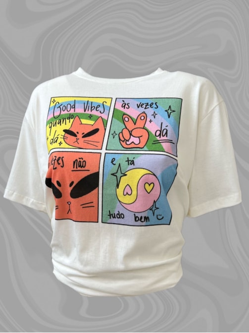 Camiseta Gato Good Vibes Quando Dá - Off-White