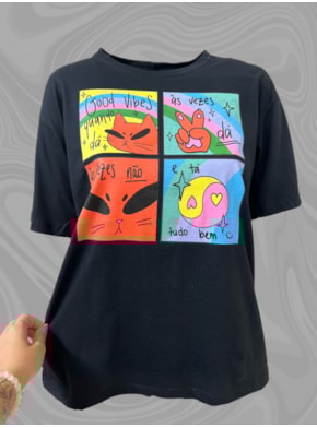 Camiseta Gato Good Vibes Quando Dá - Preta
