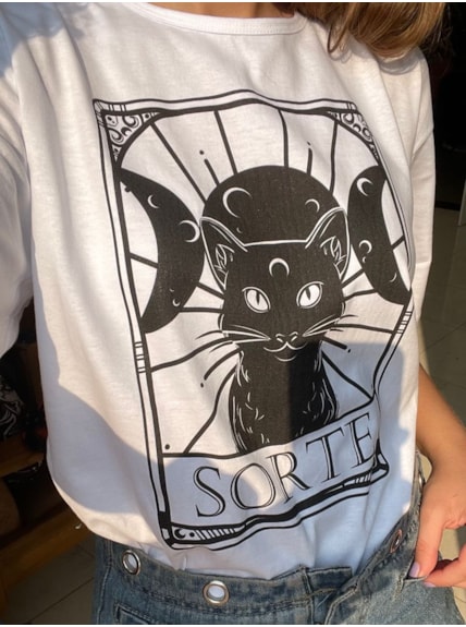 Camiseta Gato Preto Dá Sorte - Branca