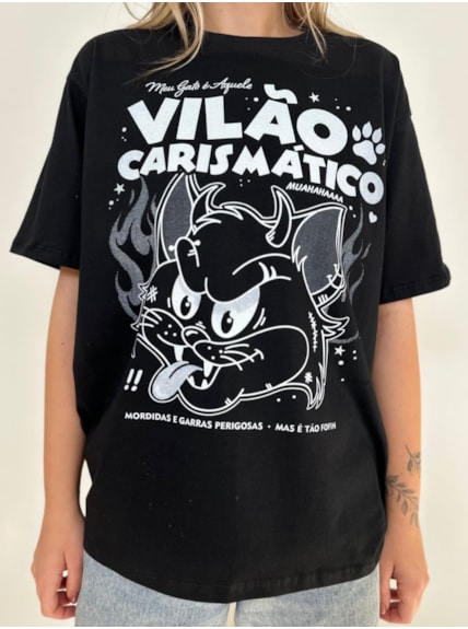 Camiseta Gato Vilão Branca - Preta