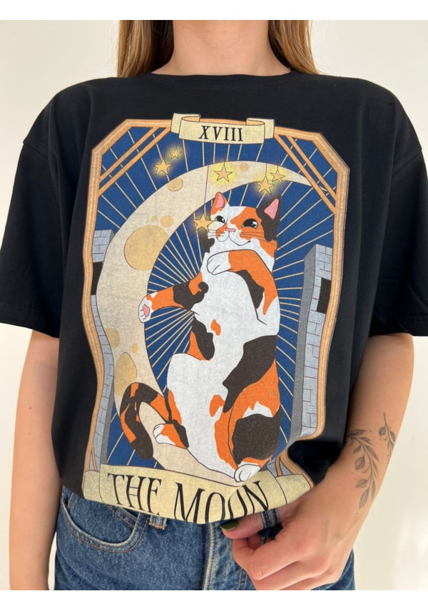 Camiseta Gatos Tarot - A Lua - Preta