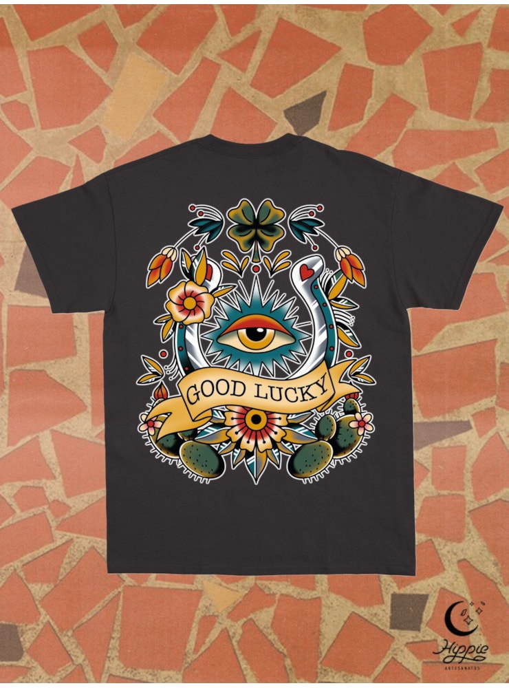 Camiseta Good Lucky - Preta - Frente e Verso — imagem 1