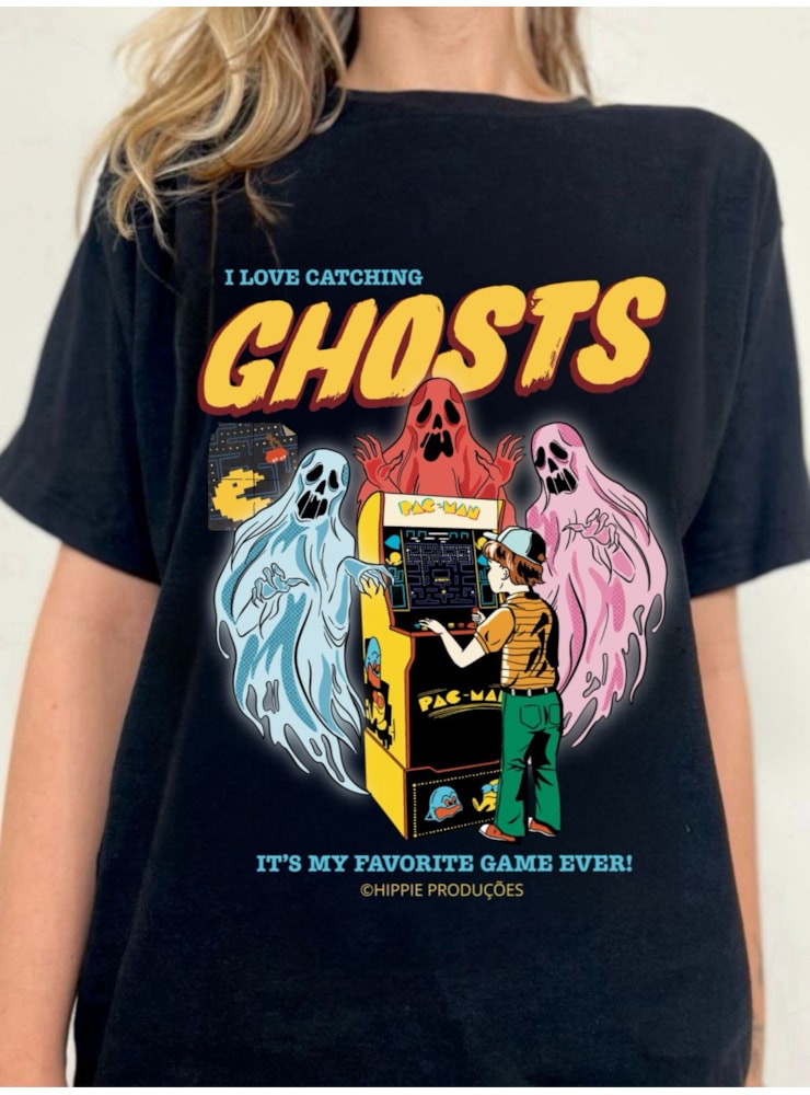 Camiseta I love catching ghosts pacman - Preta — imagem 1