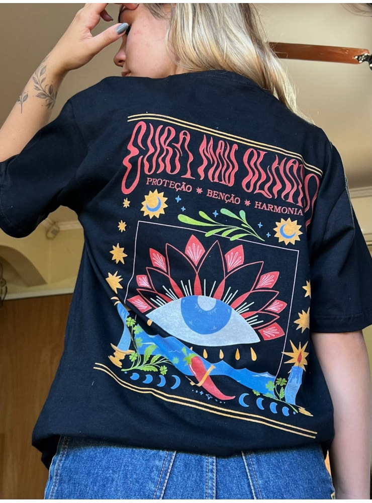 Camiseta Mau Olhado - Preta - Frente e Verso — imagem 1