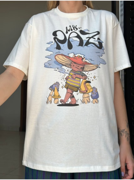 Camiseta Mó Paz Gato Psicodélico - Off-White