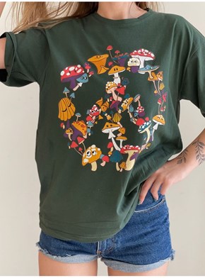 Camiseta Paz e Cogumelos - Verde