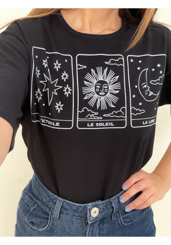 Camiseta Tarot Estrela, Sol e Lua - Preta