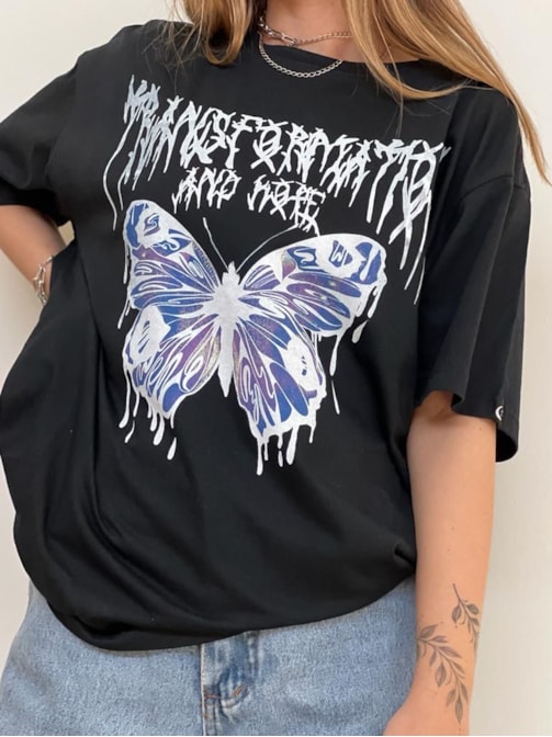 Camiseta Transformation Emo Borboleta - Preta