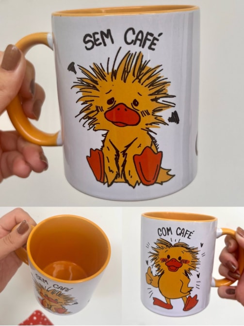 Caneca Pato Com e Sem Café - Alça Amarela