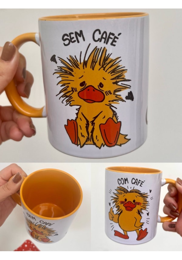 Caneca Pato Com e Sem Café - Alça Amarela