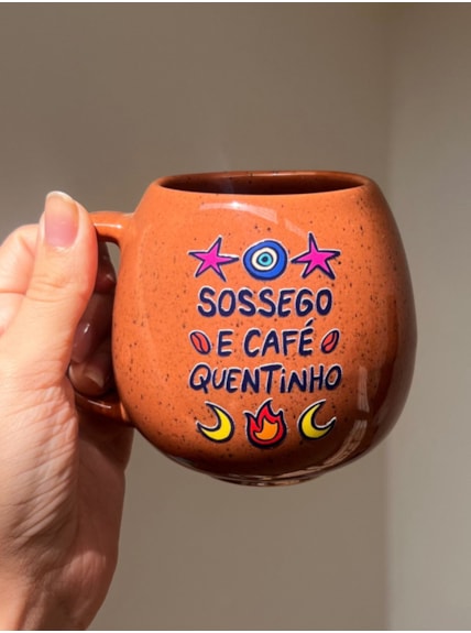 Caneca Redonda Terracota - Sossego e Café - 300ml