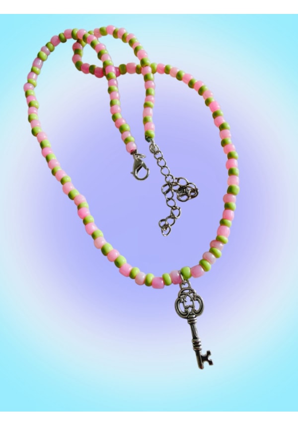 Colar Miçangas Chave - Verde e Rosa
