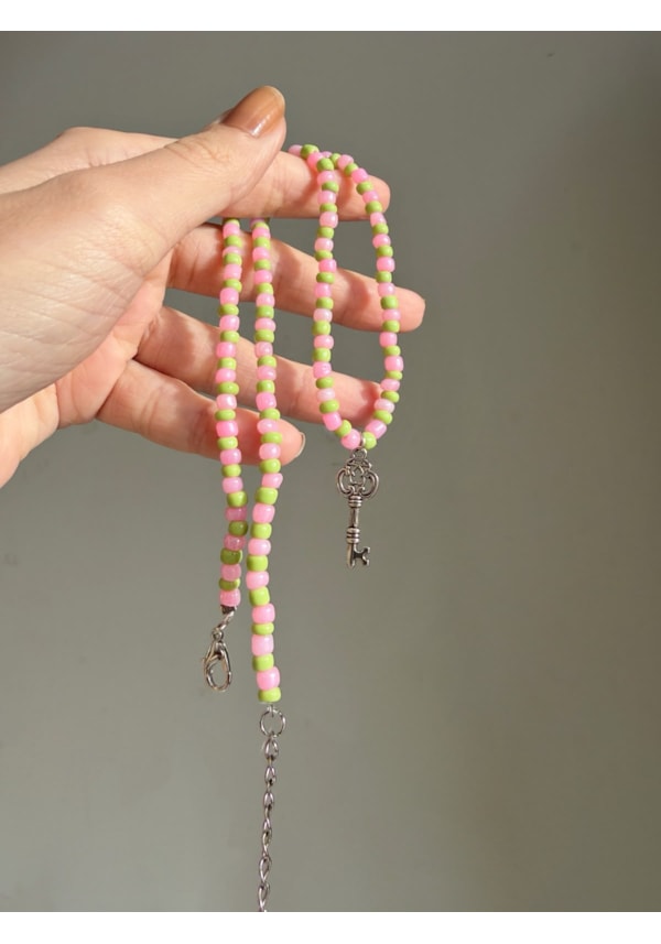 Colar Miçangas Chave - Verde e Rosa
