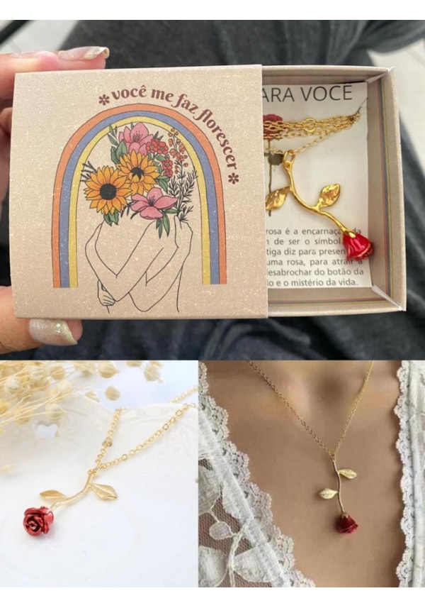 Colar Rosa - Banhado Ouro - Acompanha embalagem