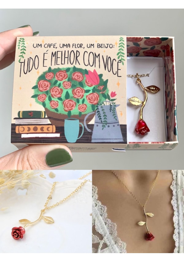 Colar Rosa Encantada - Banhado Ouro - Com Embalagem