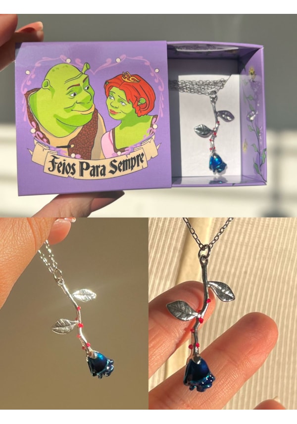 Colar Rosa Shrek Prateada - Com Embalagem