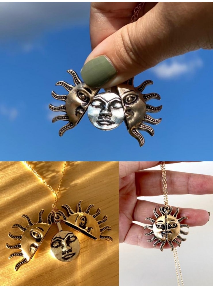 Colar Sol e Lua Cheia Relicário HIPPIE ARTESANATOS Colar Sol e Lua Cheia Relicário HIPPIE ARTESANATOS